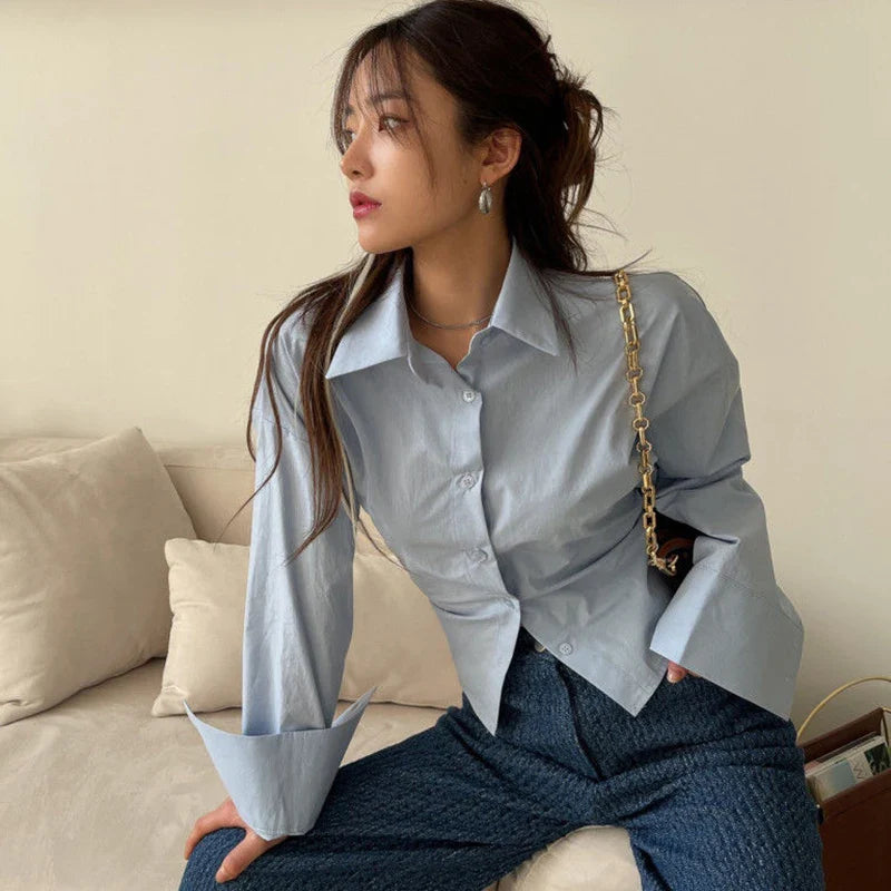 Territory Korean Bandage Shirt Women Fashion Backless Sexy Blouse Office Ladies Casual Slim Chic Turn Down Collar Long Sleeve Tops