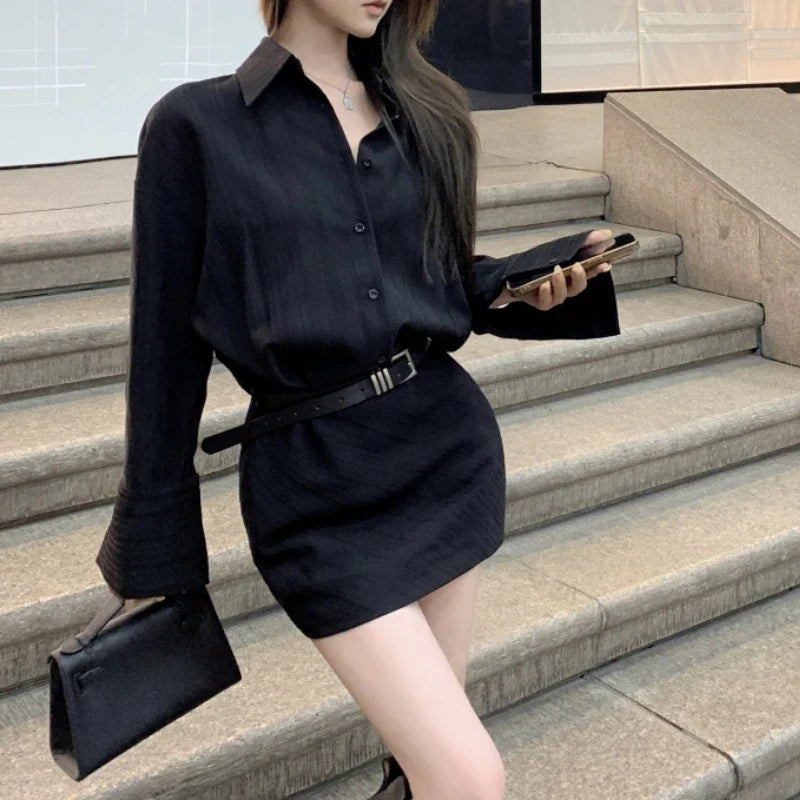 Territory Polo Collar Sexy Slim Black Long-sleeved Dress Women 2024 Spring New High Street Fashion All Match Mini Dress with Belt