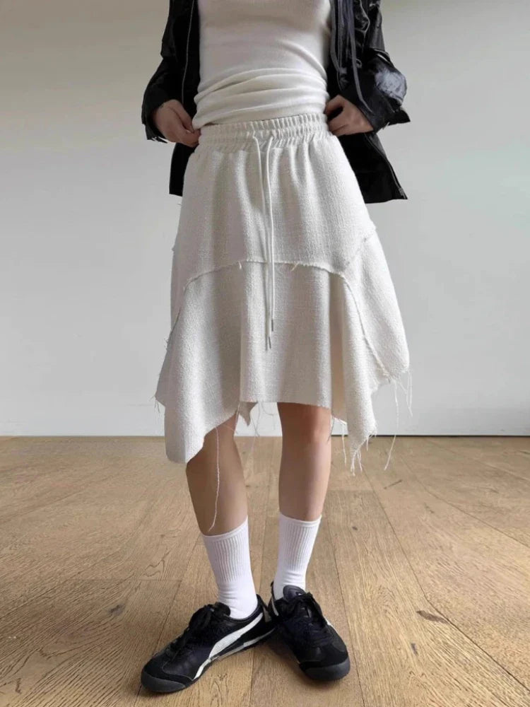 Territory Harajuku Simple White Skirt for Women Spring Irregular Mid-length Tassel Skirts Y2k E-Girl High Waist A-line Faldas Mujer