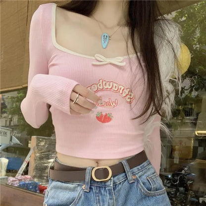 Territory Coquette Egirl Letter Pink Crop T-shirts Women Y2k Kawaii Cute Long Sleeve Tees Korean Fashion Sweet Slim Corset Tops