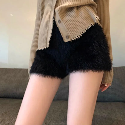 Territory Black Furry Knitted Casual Shorts for Women Autumn Winter Waterproof Mink Short Femme Y2k E-Girl Thicked Warm Bottoming