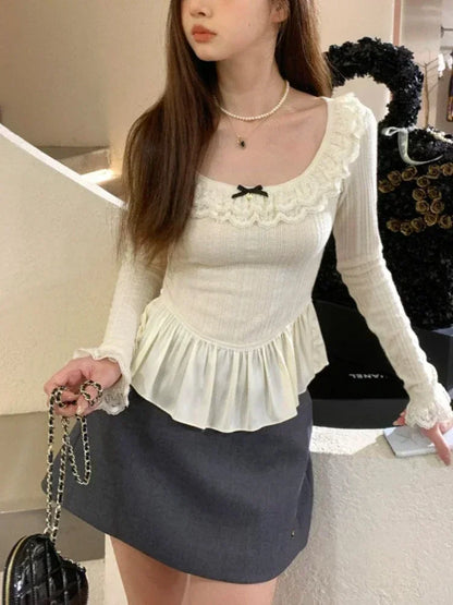 Territory Coquette Korean Style White T-shirts Women Fairycore Cute Ruffles Long Sleeve Tees Y2k Sweet Slim Corset Tops Autumn