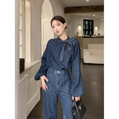 Territory Elegant Bow Denim Shirts Women Vintage Bandage Jeans Blouses Streetwear Korean Puff Long Sleeve Casual All Match Tops New