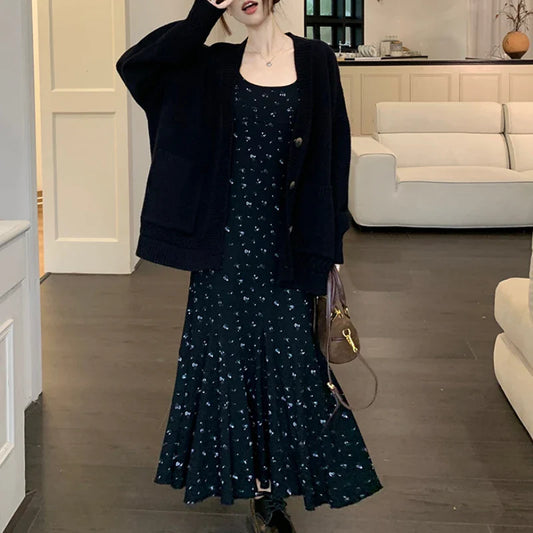 Territory 2024 Spring New Korean Floral Print Pleated Elegant Sling Dress Women + Loose Casual Long-sleeved Cardigan Two-piece Suit