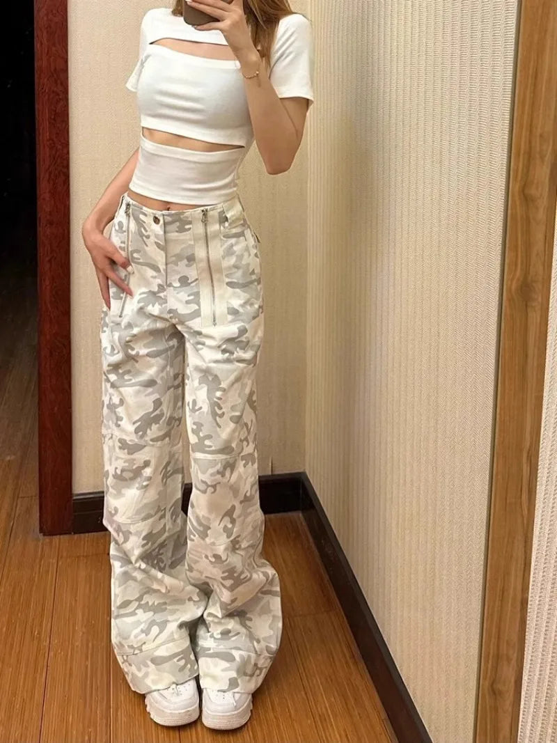 Territory American Retro Camouflage Cargo Pants Y2k E-Girl High Waist Straight Jeans for Women 2024 Sumemr New Loose Wide Leg