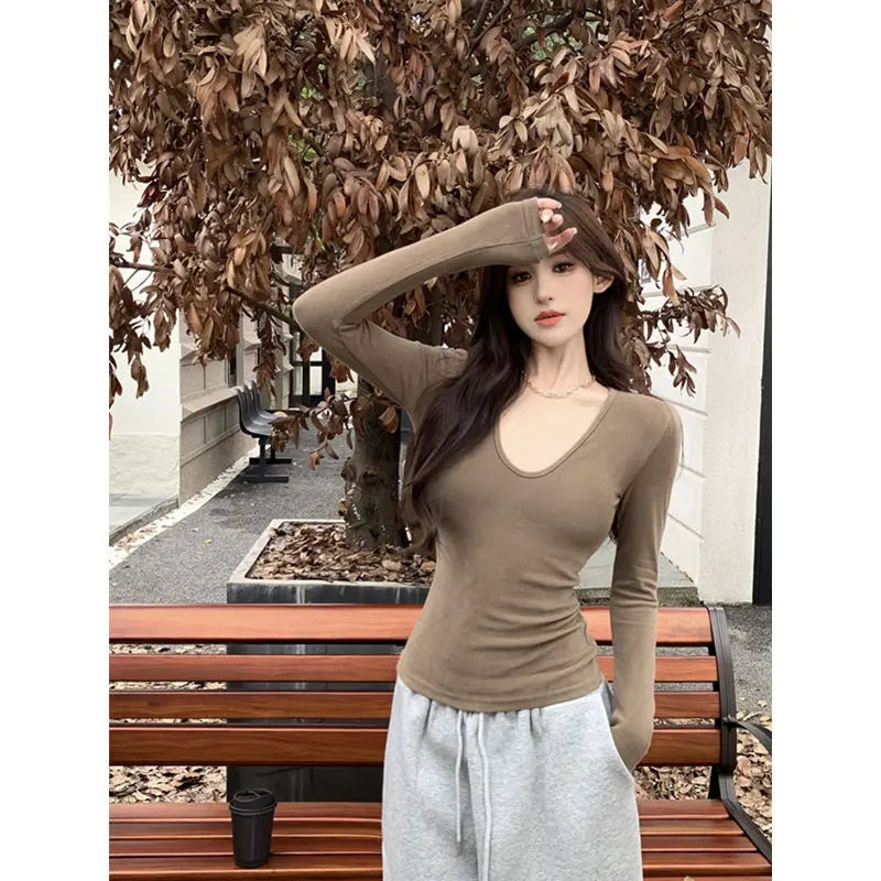 Territory Korean Fashion Solid T Shirts Women Harajuku Vintage V-neck Long Sleeve Tees Female Sexy Slim Basic Tops Autumn Winter