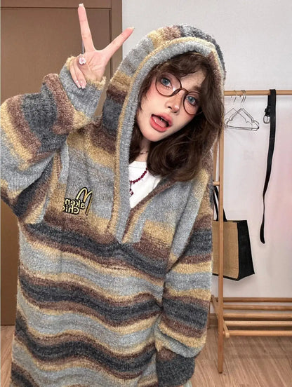 Territory Hooded Fashion Knitted Striped Clashing Pullover Sweaters Women Casual Loose Long Sleeve Jumper Vintage Female Streetwear