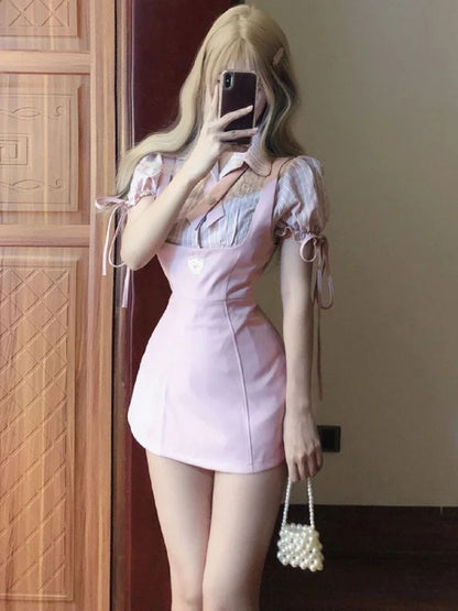 Territory Pink Sweet Kawaii Two Piece Set Women Korean Fashion Party Mini Dress Set Female Bow Lace Tops + Cute Princess Dress Suit