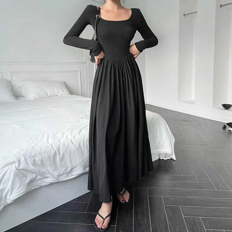 Territory  Hepburn Style Fashion Elegant Women A Line Dress Summer Elastic Slim Long Sleeve Midi Dress High Waist O Neck Pleated Dress