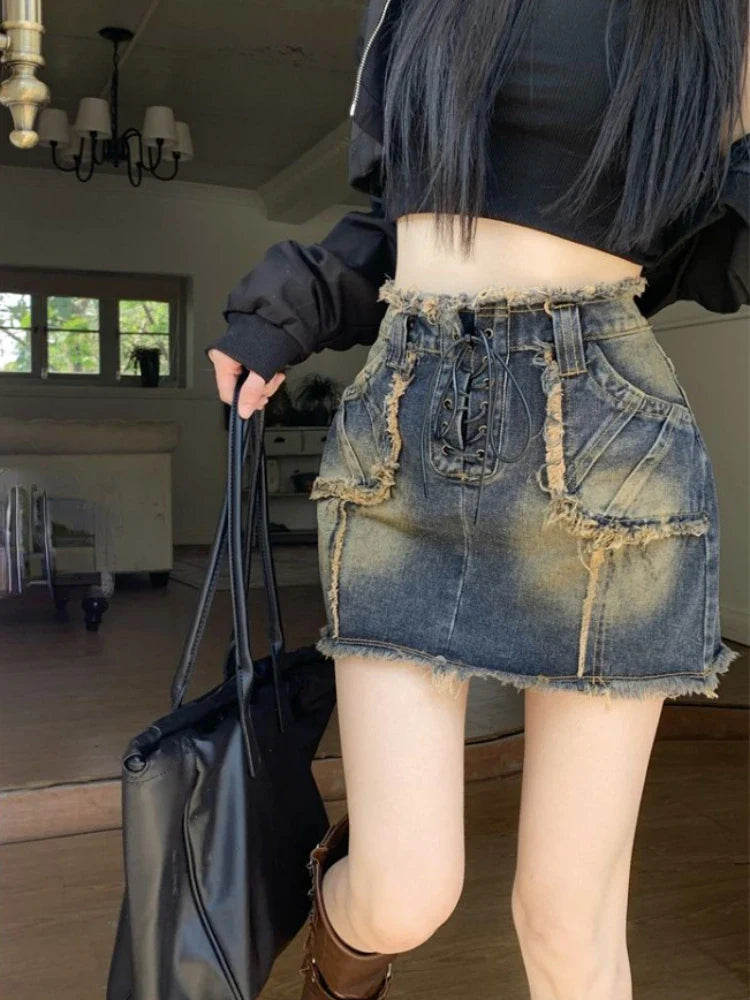 Territory American Vintage Denim Skirts for Women Bandage Raw Edge Pockets Design High Waist Mini Skirt Summer Y2k Gyaru 2024 New Clothing