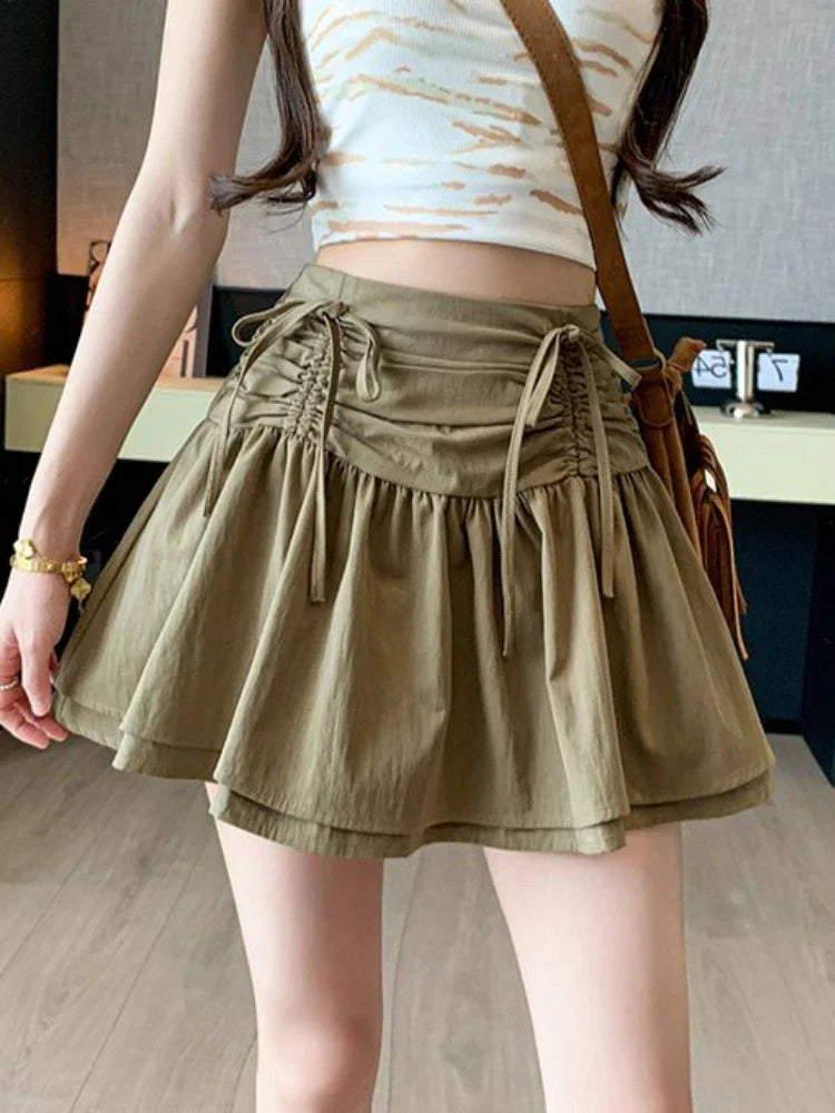 Territory Fashion All Match Skirts Solid Color Bow Draw String Ruffles Patchwork High Waist Mini Skirt Summer Female Slim Women's Clothing