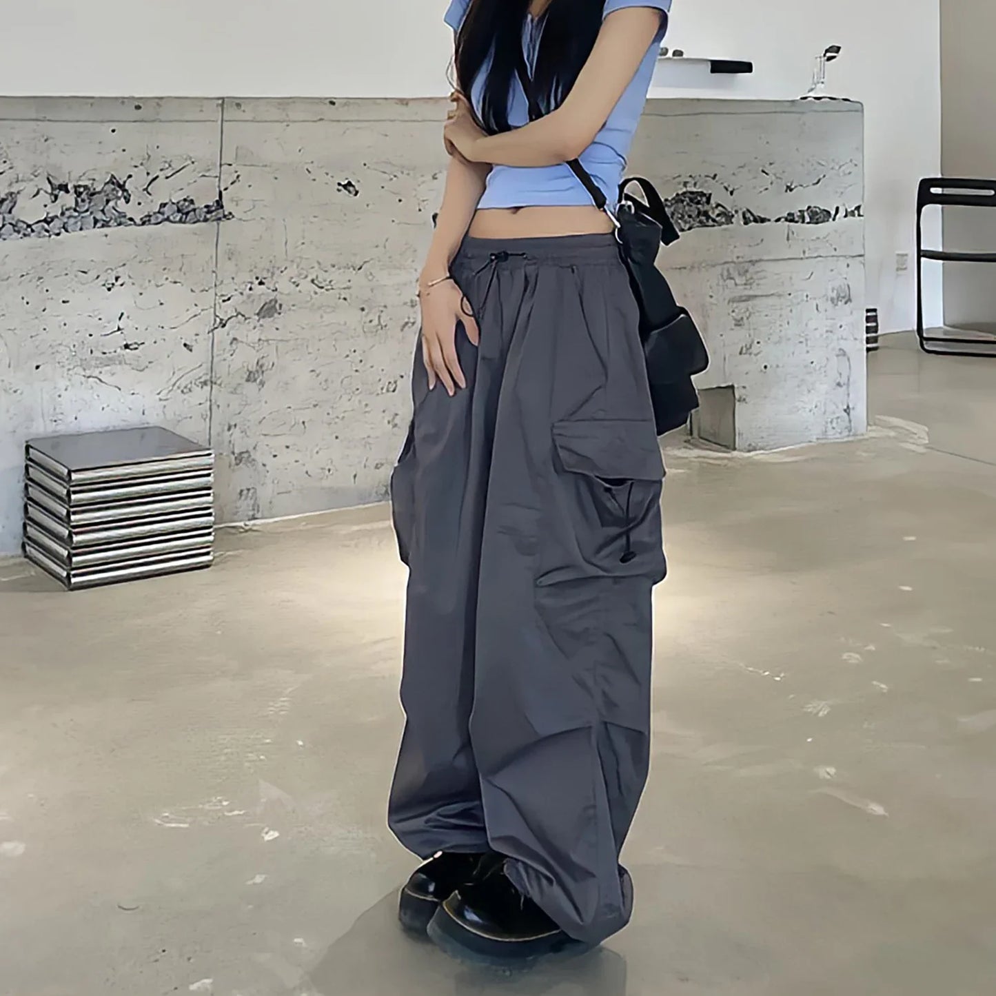 Territory Drawstring Baggy Grey Cargo Pants Women High Waist Black Pants Streetwear Boyfriend Jogging Casual Straight Wide Leg Trousers