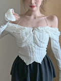 Territory Autumn White Sexy Kawaii Blouse Women Korean Fashion Elegant Party Slim Tops Female Ruffle Flounce Designer Casual Blouse