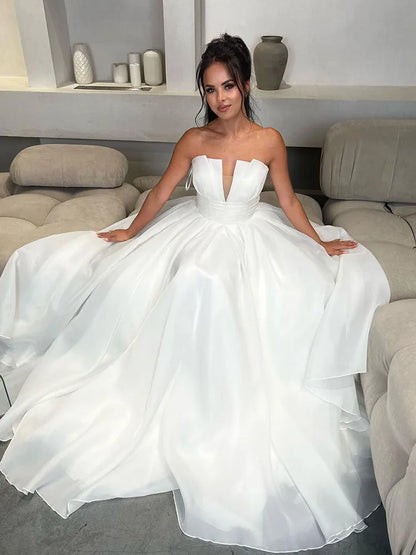 Territory Dubai Organza Wedding Dresses Deep V Neck A Line Backless Boho Pleats Elegant Bridal Gowns Vestidos De Novia