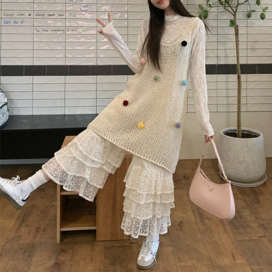 Territory 2024 Spring New Streetwear Pleated Loose Lace Pants Women + Colorful Cotton Ball Hollow Knitted Dress + T-Shirt Three-Piece Suit