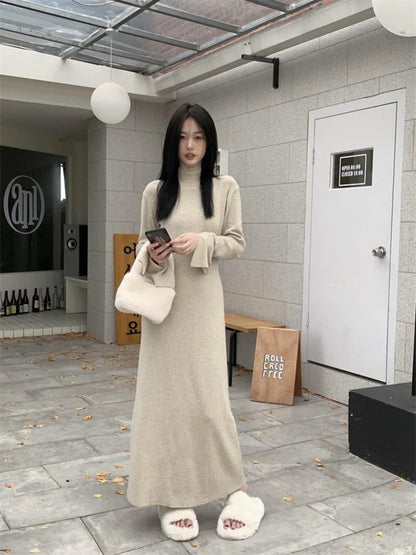 Territory Korean Style Knitted Dress Women Turtleneck Long Sleeve Maxi Dress Casual Elegant Black Bodycon Dress Female Winter