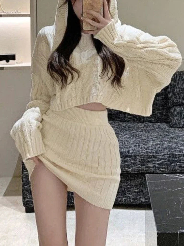 Territory Beige Sweater Two Piece Set Women Korean Elegant Party Mini Skirt Set Female Casual Designer Knitted Skirt Suit Autumn New