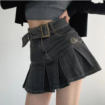 Territory  Denim Pleated Mini Skirt Vintage Sexy High Waist A-line Belt Women Embroidery Jean Short Skirt Summer Japanese Y2k