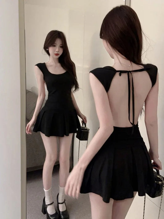 Territory Fashion Sexy Backless Lace Up Black Dresses Y2k E-Girl Slim Waist Dress for Women 2024 Summer New A-line Vestidos Mujer