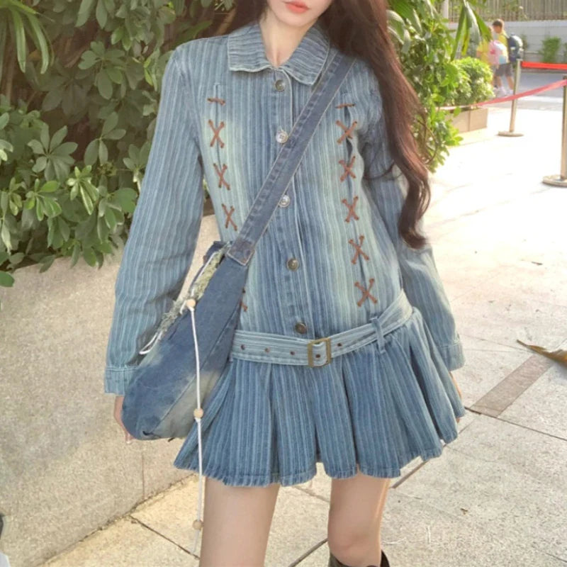 Territory Korean Retro Lace-up Pleated Casual Long-sleeved Dress Women 2024 Spring New Polo Collar Loose Distressed Denim Dress with Belt