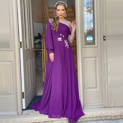 Territory Purple Muslim A-Line Elegant Chiffon Evening Dresses Customized  Party Gowns Long Sleeves Beaded For Women