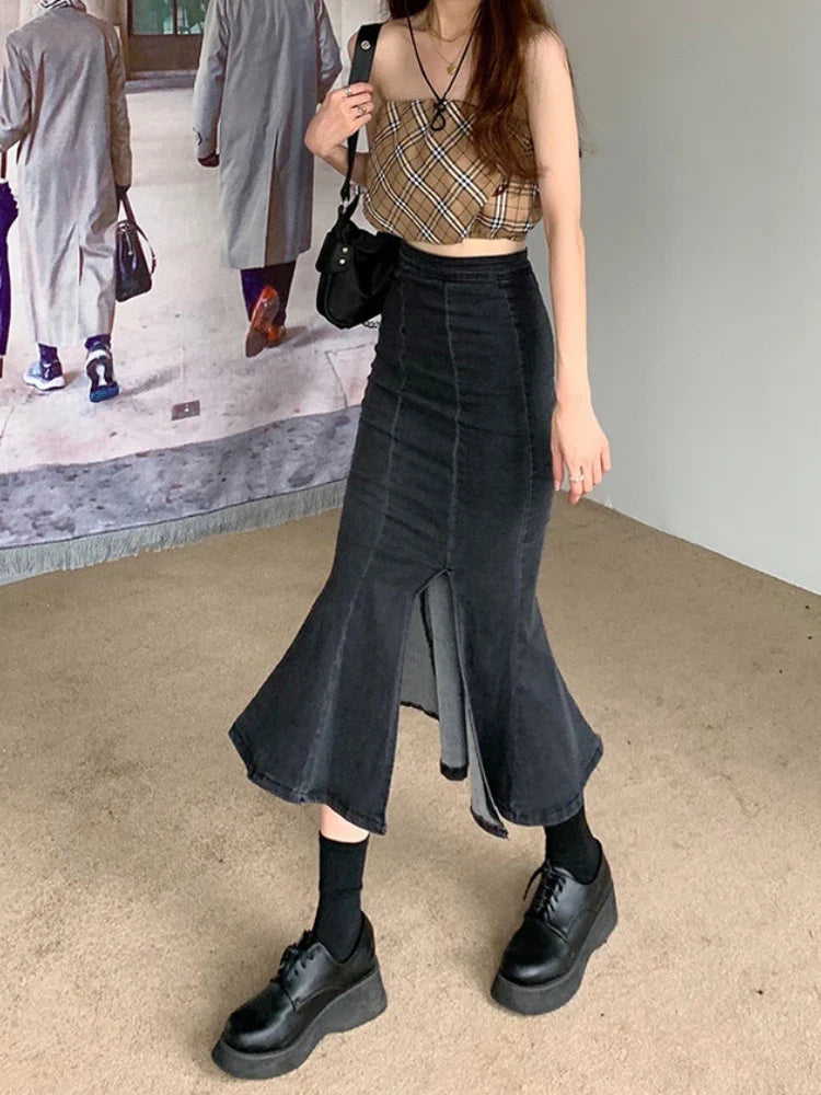 Territory Black Denim Long Skirt Women Vintage High Waist Split Bodycon Ruffles Pencil Mermaid Midi Skirt Summer Japanese Fashion