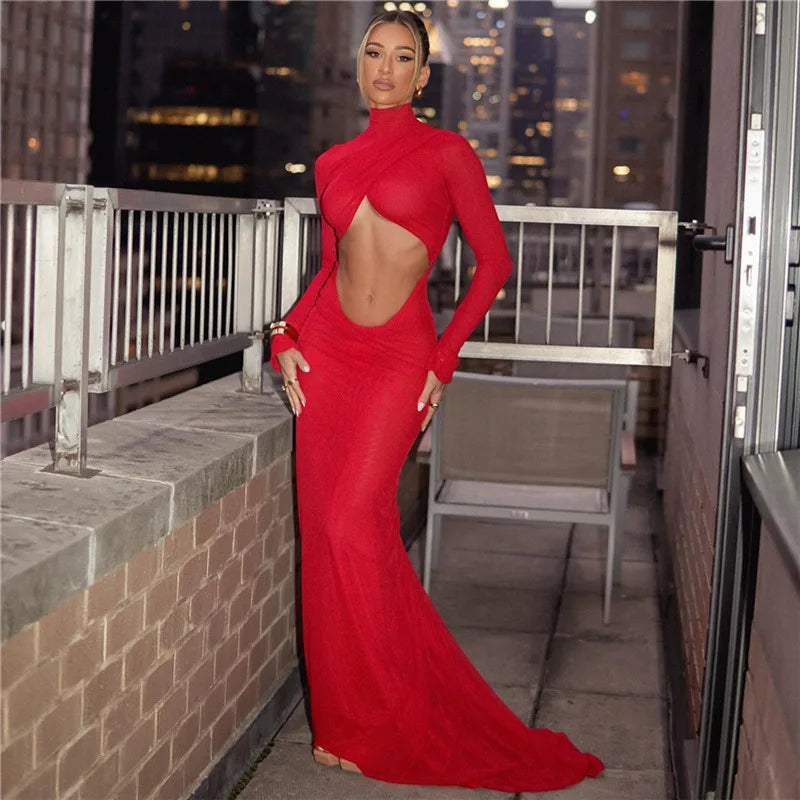 Territory Sexy Cut Out Backless Red Party Dress Women Elegant Luxury Turtleneck Long Sleeve Maxi Dresses Evening Gown