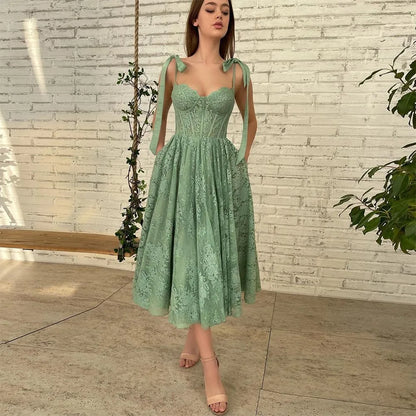 Territory Green Lace Appliques Prom Dresses Spaghetti Straps Tea-Length A-Line Evening Dress Wedding Party Gown