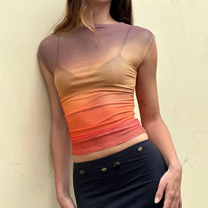 Territory Sexy Gradient Printed Cropped T Shirt See Through Slim O-Neck Short Sleeve Tees Women 2024 Summer Fashion Streetwear