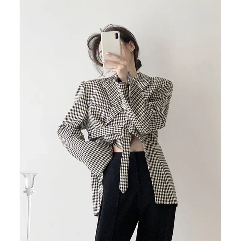 Territory Black Plaid Blazer Women Irregular Houndstooth Suit Jacket Streetwear Korean Ribbon Cropped Coat Office Lady Elegant Outwear New