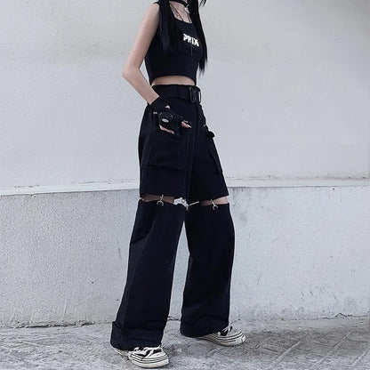 Territory Gothic Techwear Emo Black Cargo Pants Women Punk Oversize Hollow Out Wide Leg Pocket Trousers for Female Goth Hip Hop