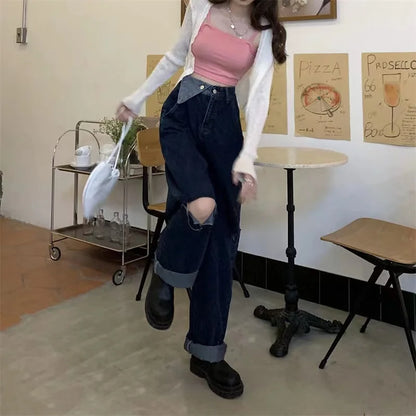 Territory Hot Girl  High Waist Baggy Jeans Woman Hole Vintage Streetwear Hip-hop Stylish Wide Leg Trouser Female Daily All-match Trendy