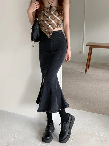 Territory Black Denim Long Skirt Women Vintage High Waist Split Bodycon Ruffles Pencil Mermaid Midi Skirt Summer Japanese Fashion