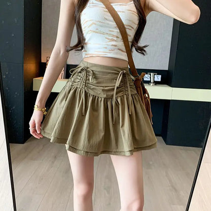 Territory Fashion All Match Skirts Solid Color Bow Draw String Ruffles Patchwork High Waist Mini Skirt Summer Female Slim Women's Clothing