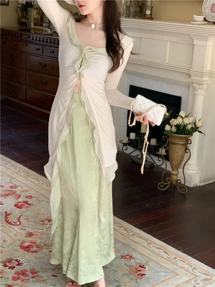 Territory New Chinese Style Fashion 2 Piece Dress Suits Ruffles Long Sleeve Slim Shirt Cardigan+High Waist Green Long Satin Skirt Sets