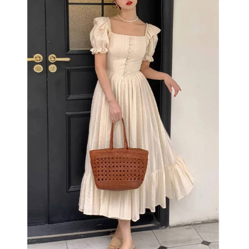 Territory Elegant Square Collar White Dress Summer Fashion Puff Sleeve Ruffle Dress for Women 2024 Chic Vintage Maxi Dresses 2024  New