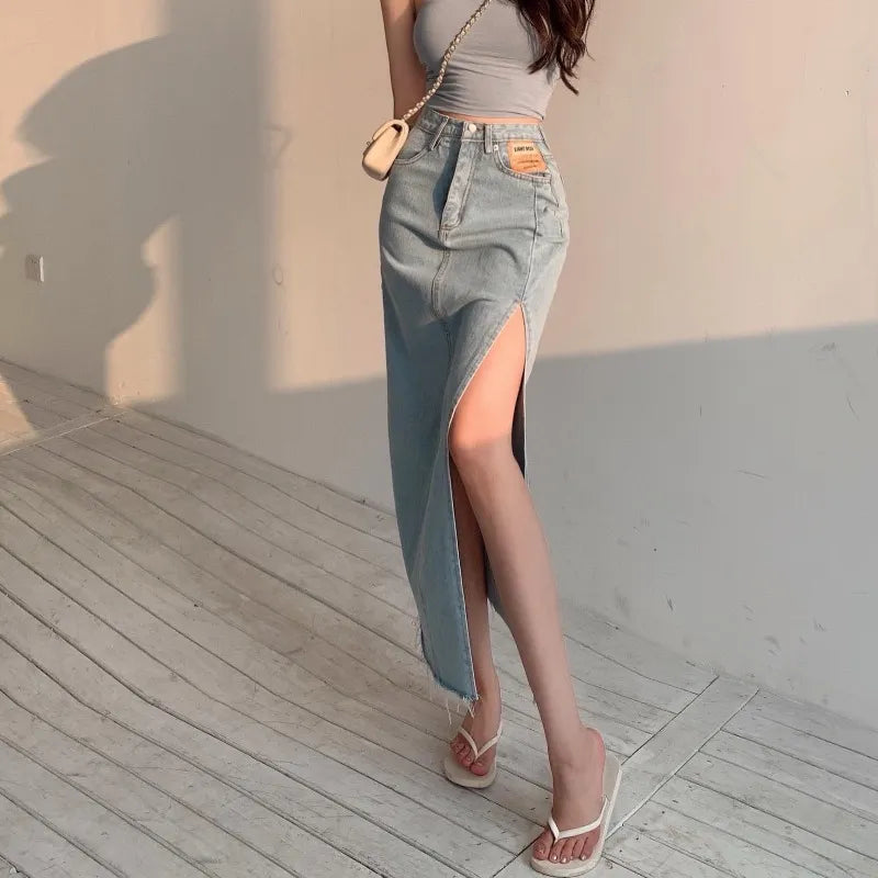 Territory Long Denim Skirt Vintage Women Solid High Waist  A-LINE Slim Korean Style Jean Slit Midi Skirt Summer Fashion Girl