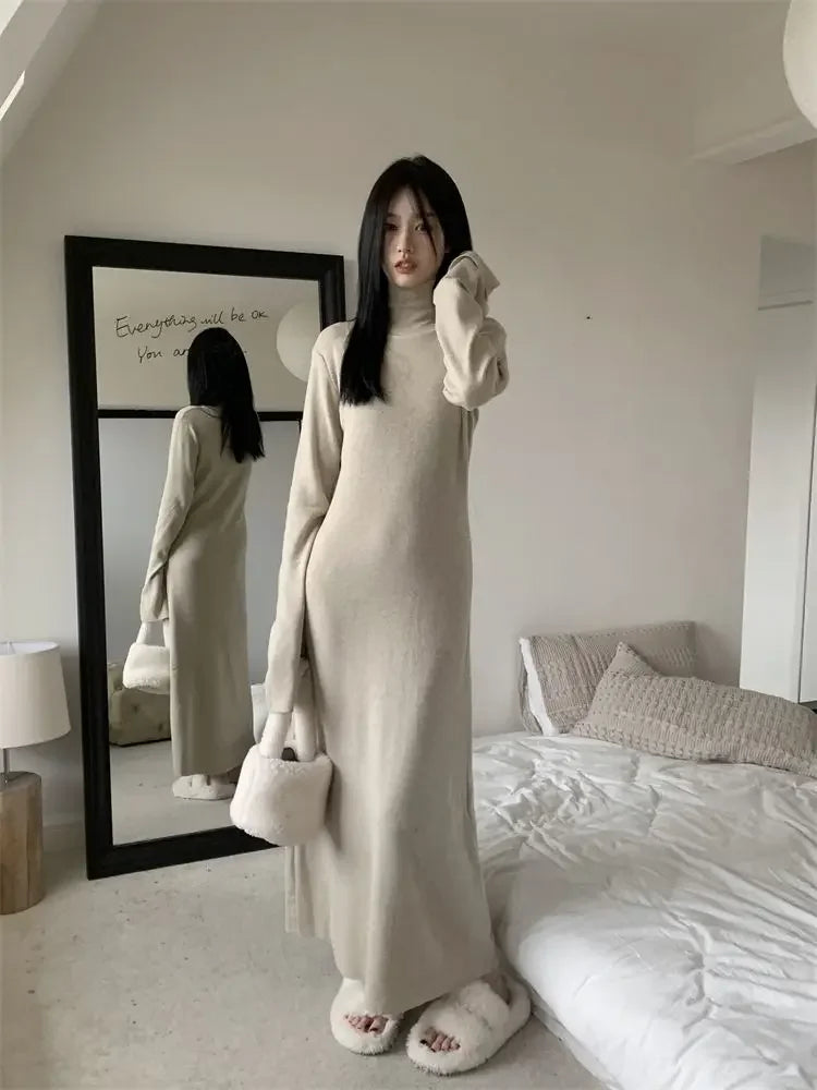 Territory Korean Style Knitted Dress Women Turtleneck Long Sleeve Maxi Dress Casual Elegant Black Bodycon Dress Female Winter