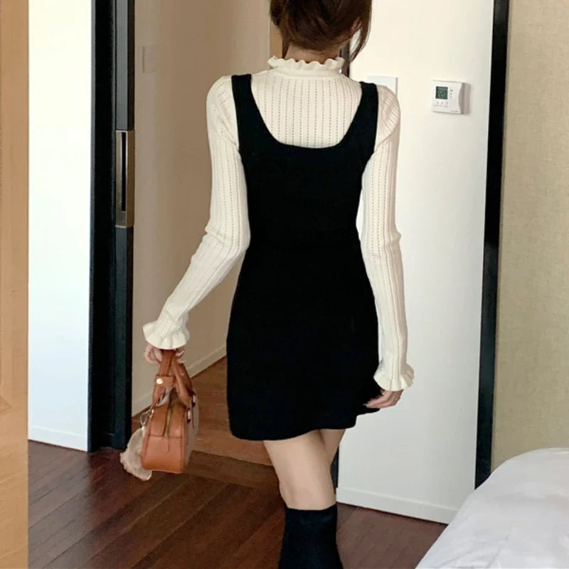 Territory O-neck Lace-up Ruffled Elegant Long-sleeved Dress Women 2024 Spring New Korean Contrast Color Patchwork Casual Knitted Dress