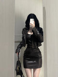 Territory Fashion Vintage Long Sleeve Zipper Leather Coat Women+ Y2k Sexy Slim Fit Bodycon Camisole Dress Summer New Two Piece Sets