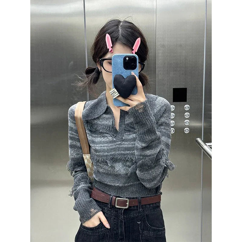 Territory  Y2K Striped Sweater Women Streetwear Tassel Cropped Knitted Pullovers Harajuku Vintage Slim Knitwear Korean Casual Jumper