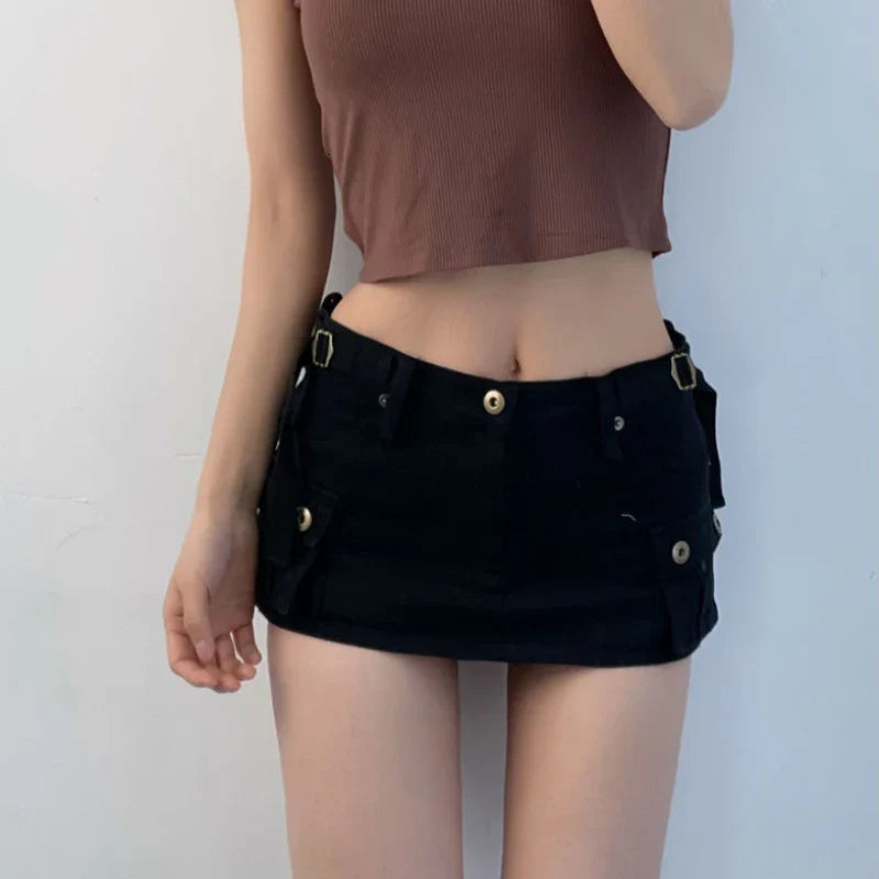 Territory Denim Cargo Mini Skirt Women Korean Style Low Waist Slim Sexy Vintage Streetwear Green Jean Skirt Y2k Girl Summer