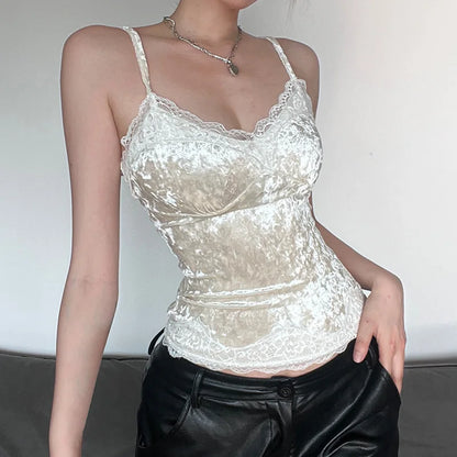 Territory Lace Trim Velvet Y2K White Camisole Vintage Aesthetic Cami Top Women Sleeveless V Neck Slim Casual Summer Vest Tees