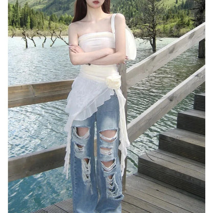 Territory 2024 Spring New Streetwear Pleated Sexy Slim Asymmetrical Mesh Party Dress Women + Hollow Ripped Casual Jeans Two-Piece Suit