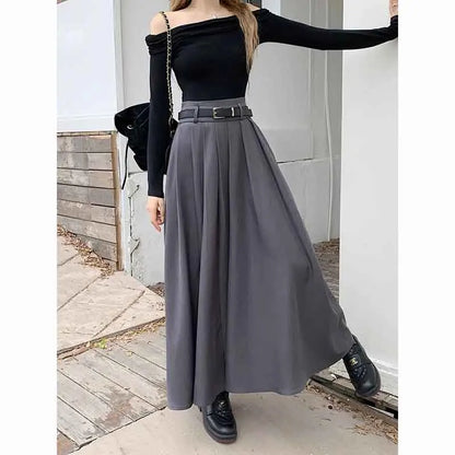 Territory Elegant Belt Ankle Length Skirts Women Autumn Korean High Waist Solid A Line Skirts Fashion Chic All Match Pleated Long Skirts