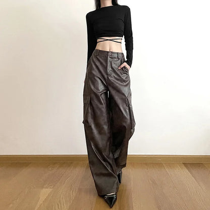 Territory Brown Classic  leather Retro All-match Casual High Street Fashionable Cool Confident Youth Hip-hop Women Autumn Straight Leg Pants