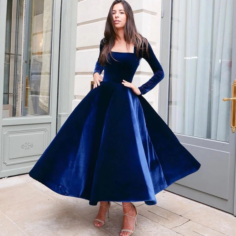 Territory Blue A Line Square Collar Velvet Long Sleeves Evening Dresses Customized  Simple Ball Gowns For Women