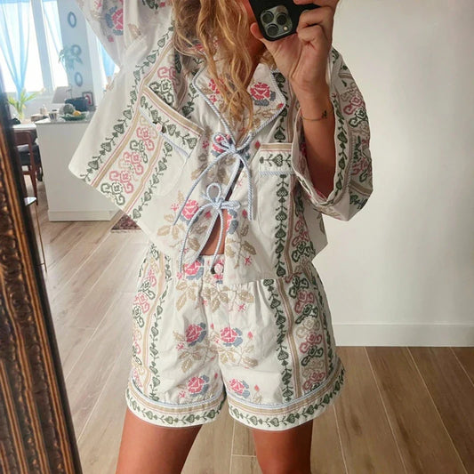 Territory 2 Piece Vintage Oufits Indie Graphic Print Front Tie Up Bowknot Full Sleeve Blouse T-shirt + Shorts Fairy Cottage Y2K Streetwear