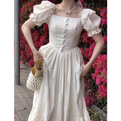 Territory Elegant Square Collar White Dress Summer Fashion Puff Sleeve Ruffle Dress for Women 2024 Chic Vintage Maxi Dresses 2024  New