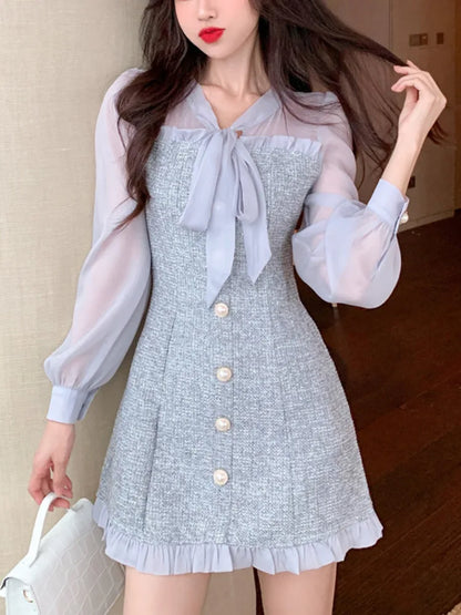 Territory New Spring Vintage Sexy See-through Chiffon Patchwork Tweed Mini Dress Women Ribbon Bow Single-breasted Long Sleeve Party Dress